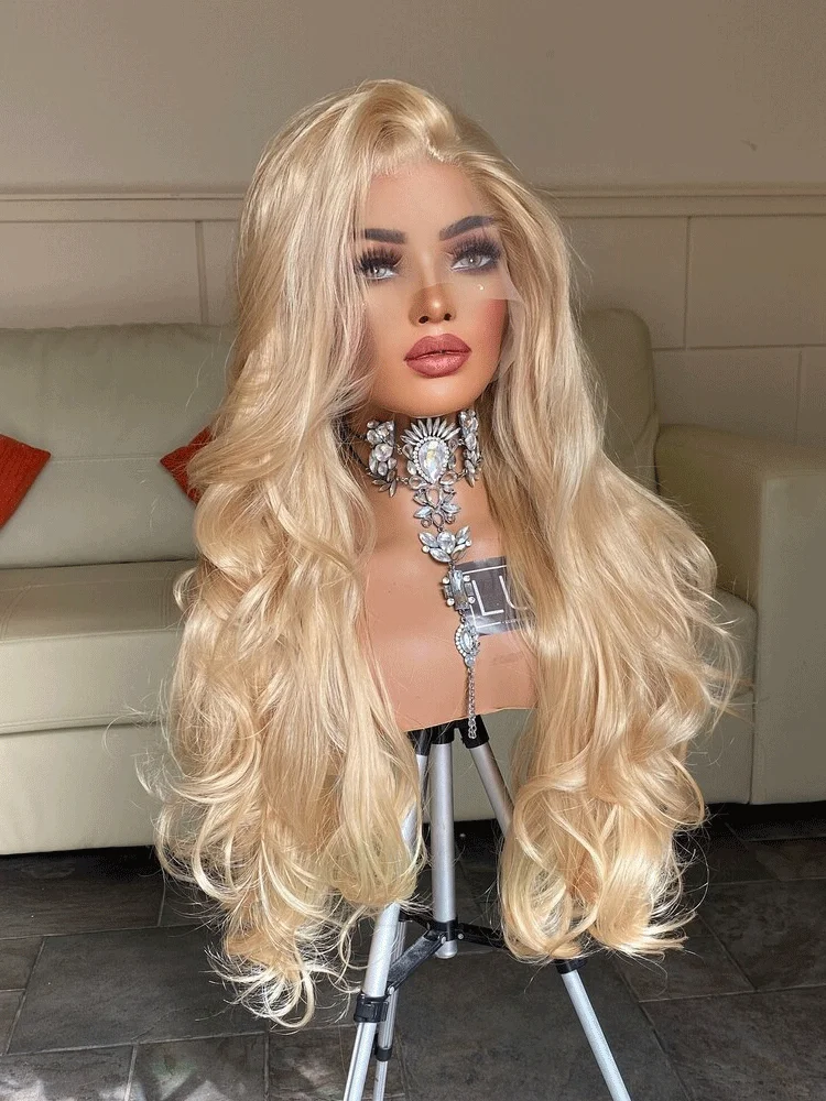 

Golden Blonde Lace Front Wig Wavy Blonde Wig 28 inches Long Wigs Hight Density Pre Plucked For Woman Daily Party Use