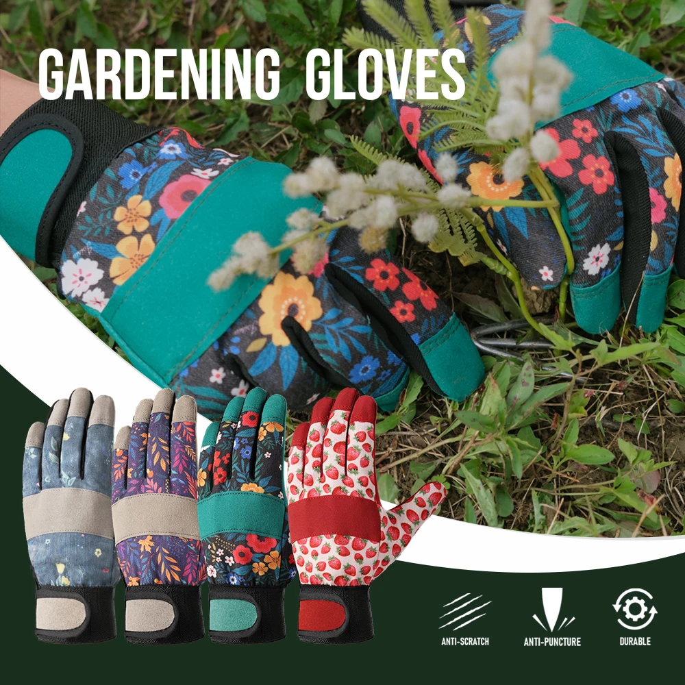 1 Pair Gardening Gloves for Women Lightweight Floral Print Durable Polyester Ergonomic Design for Gardening