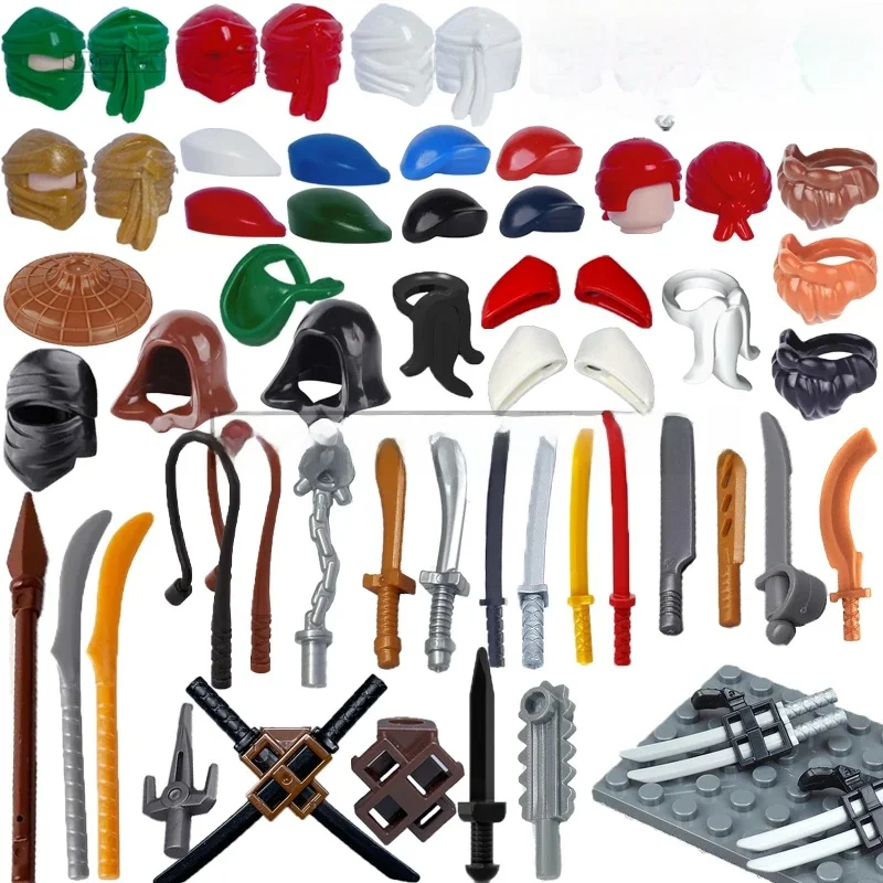 MOC Blocs de construction médiévaux Accessoires Figurines Armes Béret Capuche Barbe Casque Chapeau de guerrier Lance Épée Mini Briques Jouet Cadeau T04
