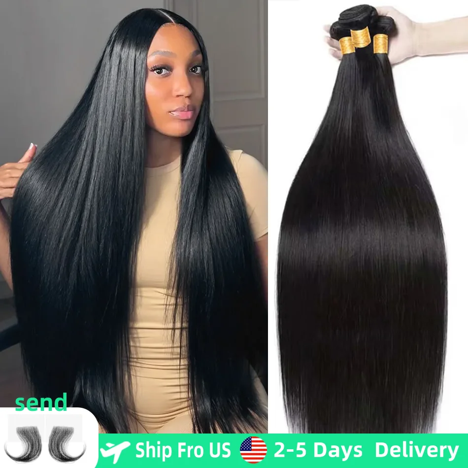 

16A Прямые пучки человеческих волос 30, 40 дюймов, 3/5 пучков человеческих волос, натуральный цвет, бразильские наращивания Remy, волосы с двойным утком