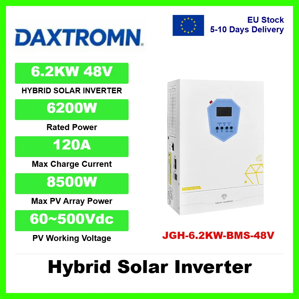 DAXTROMN 6200W 6.2KW Onduleur Solaire Hybride Hors Réseau 48V DC Onde Sinusoïdale Pure 230V AC Double Sortie AC Contrôleur de Charge Solaire MPPT 120A Intégré Entrée PV Max 8500W Fonction de Charge Temporisée Système d