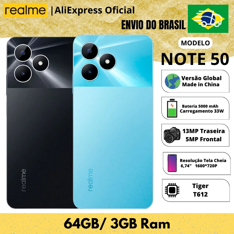 Celular Realme Note 50 64GB ROM / 3GB RAM | Envio do Brasil | Smartphone 4G , ROM Global , Processador Tiger T612