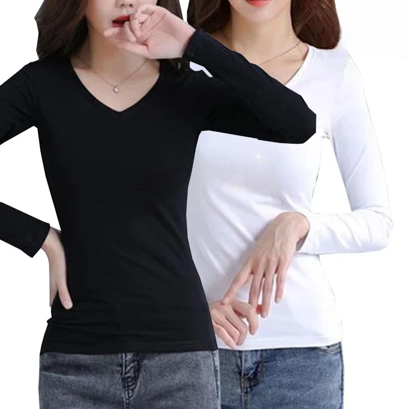 2pcs Women Autumn Thin Long-sleeved T-shirt Lady Thermal Underwear Slim Fit Fashion New Style V-neck Top Black White S-5XL