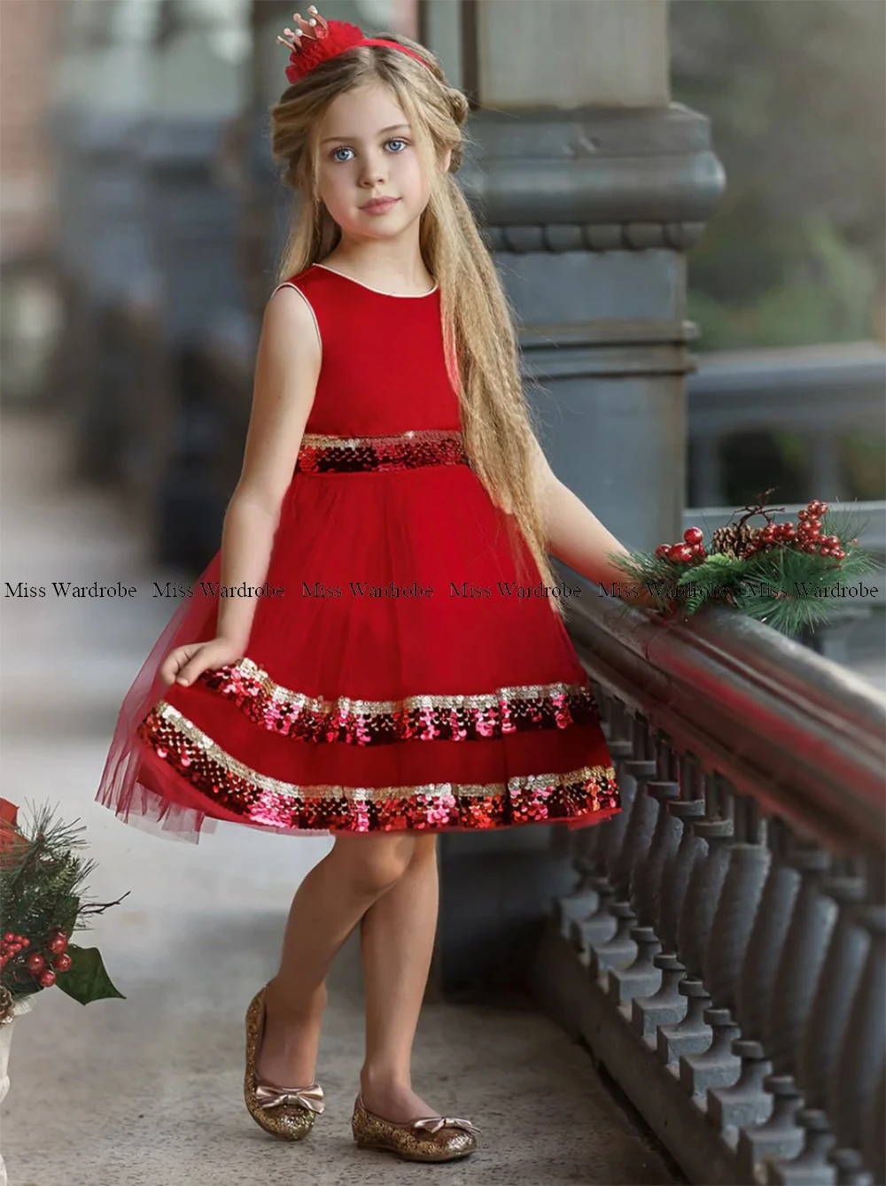 Flower Girls Red Sequin Short Dresses Mini Jewel Neck Kids Summer Wedding Princess Party Vestidos Costume Children Clothing