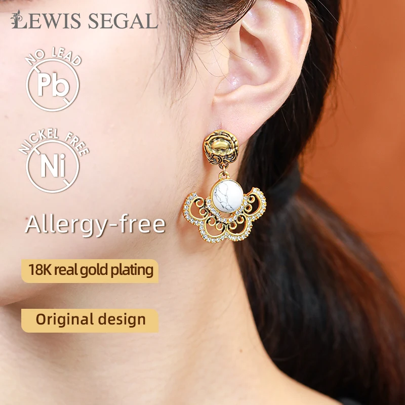 LEWIS SEGAL-pendientes de estilo Medieval de lujo para mujer, joyería fina, Vintage, blanco, turquesa, calado, grande, chapado en oro de 18K