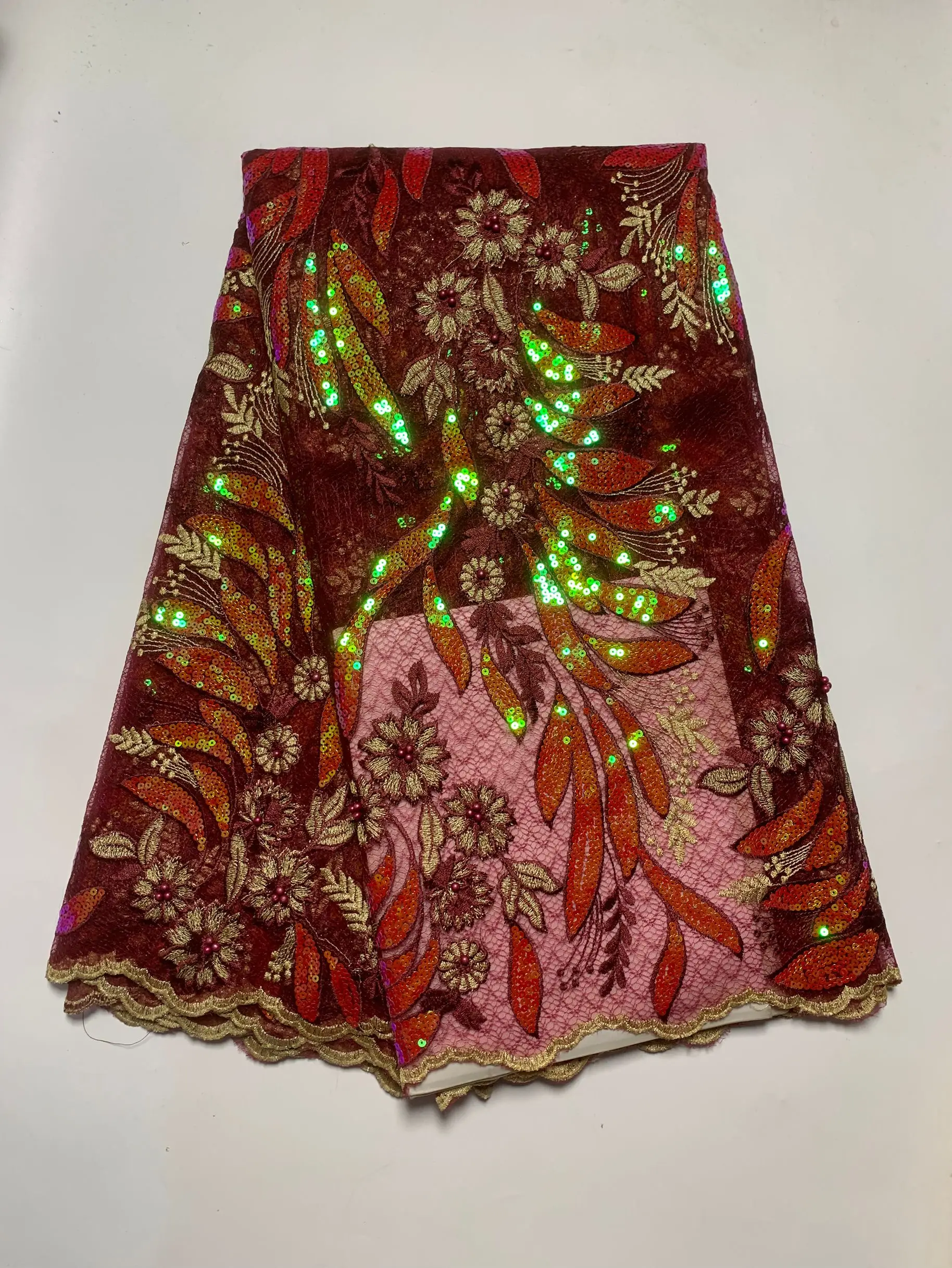 

African Red Sequins Lace Fabric French Net Lace Embroidery Tull Lace Material 5Yards Sewing For Evening Lady Dress Party Gown