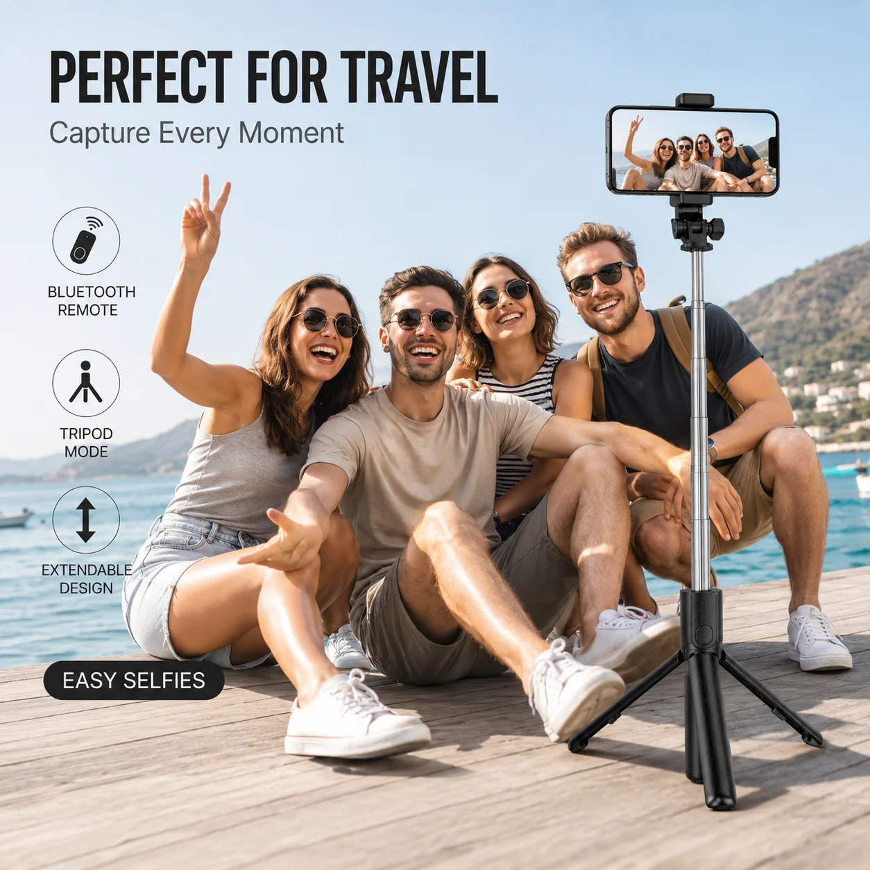 Black Selfie Stick Tripod with Bluetooth Remote, Extendable Phone Tripod Stand, Portable Wireless Selfie Stick for iPhone, Android, Travel, Live Streaming and Video Recording