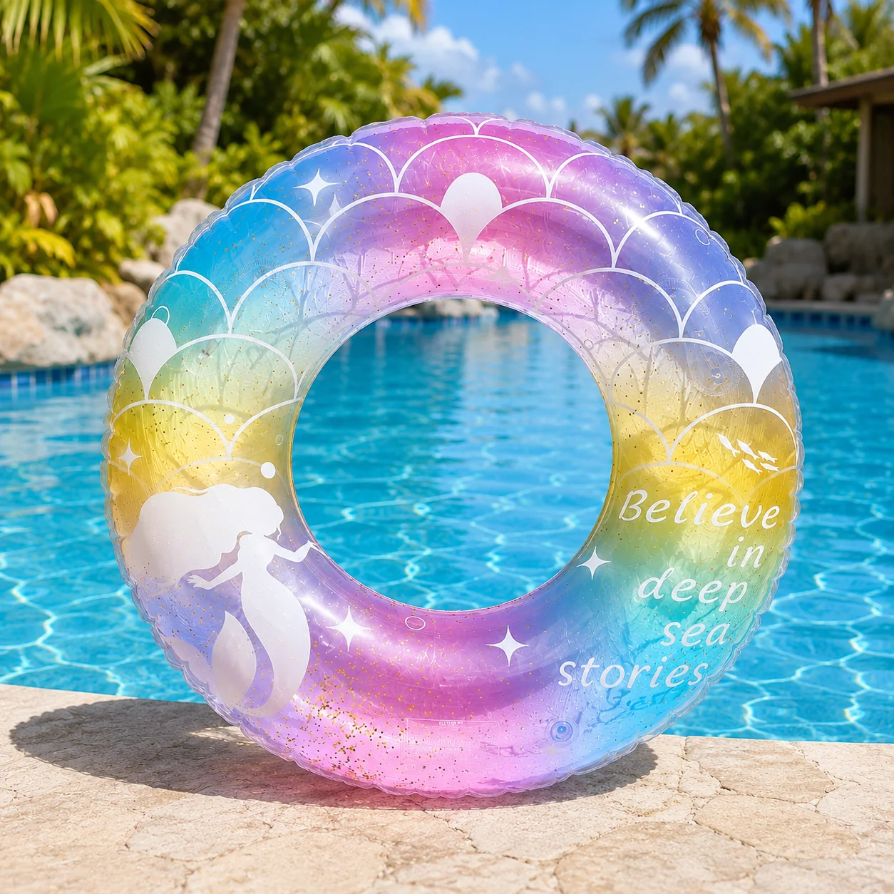1pc Mermaid Inflatable Swim Ring Glitter Rainbow Pool Float Tube Transparent Swimming Circle for Pool Beach Summer Vacation