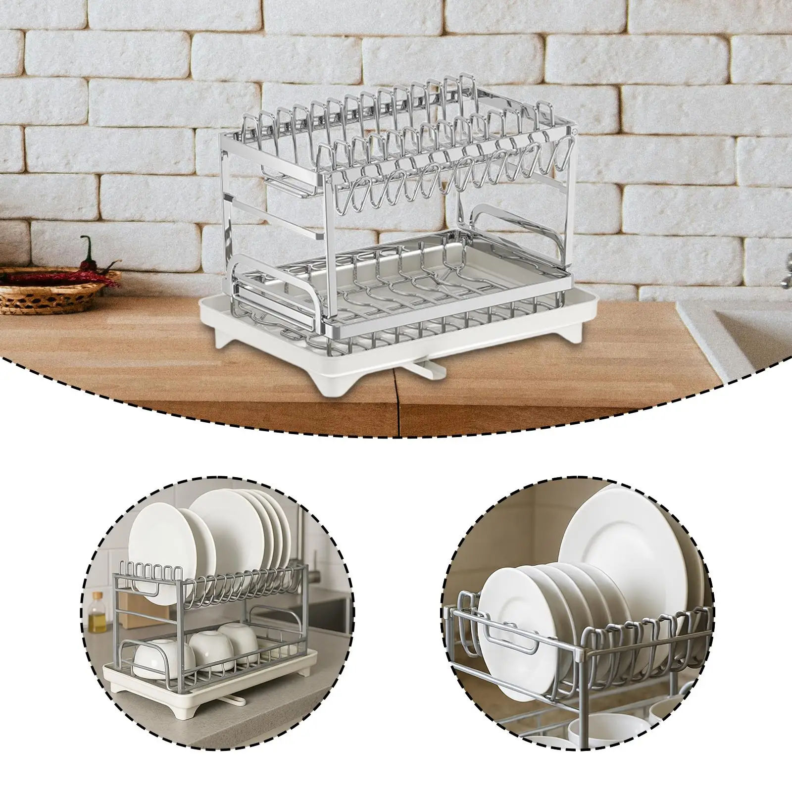 

2-уровневая сушилка для посуды из нержавеющей стали со сливным доской, кухонная столешница, сито для посуды и вешалки для посуды, сушилка для посуды