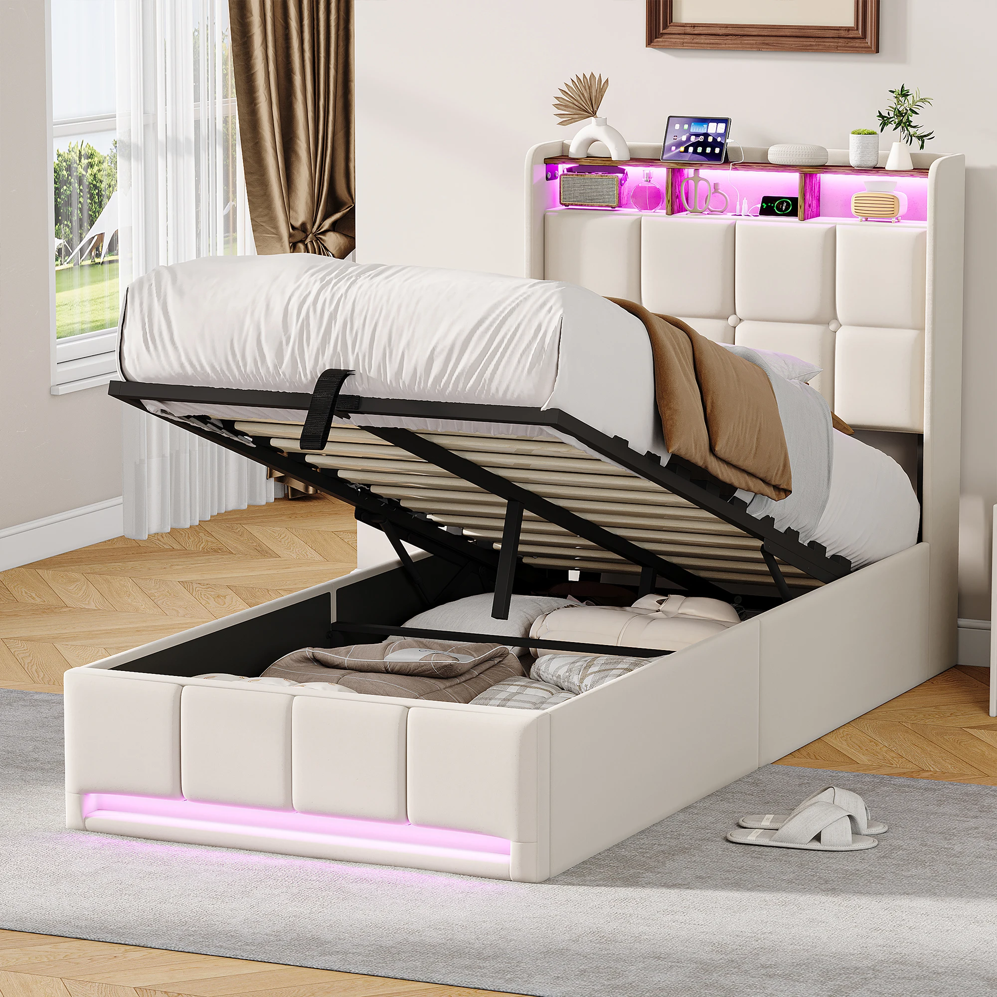 Superaly Lit pour enfants 90/140/160x190/200Cm, lit simple/double, lit d'appoint avec compartiment de rangement, lit de jour, sommier hydraulique, linge de lit