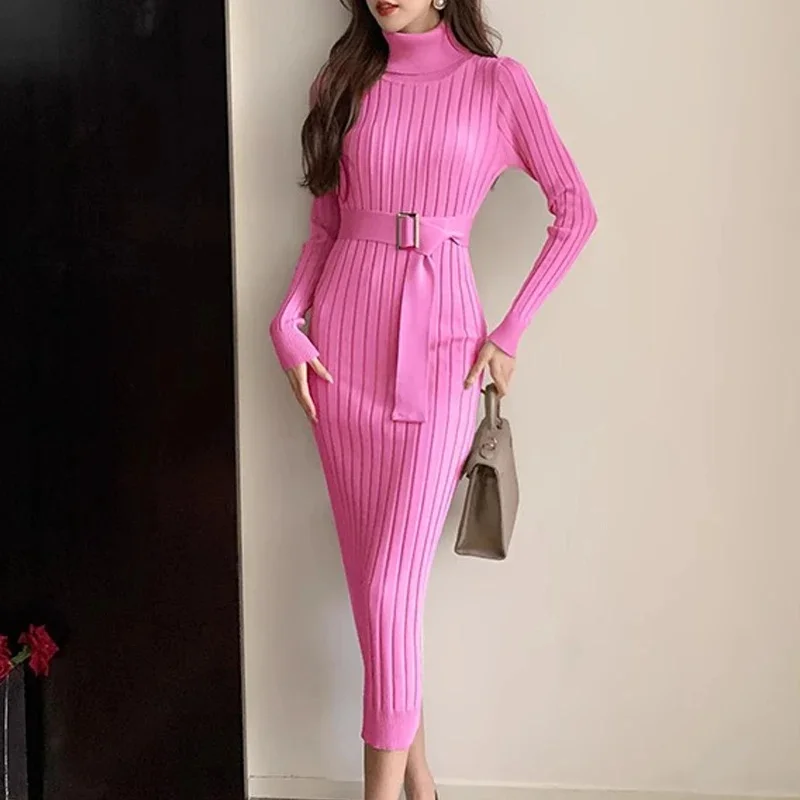YuooMuoo Chic Fashion Sexy Package Hips Rib Knitted Bodycon Dress 2024 Jesienno-zimowa sukienka z golfem i paskiem Sweter Sukienka długa Vestidos — zdjęcie 2