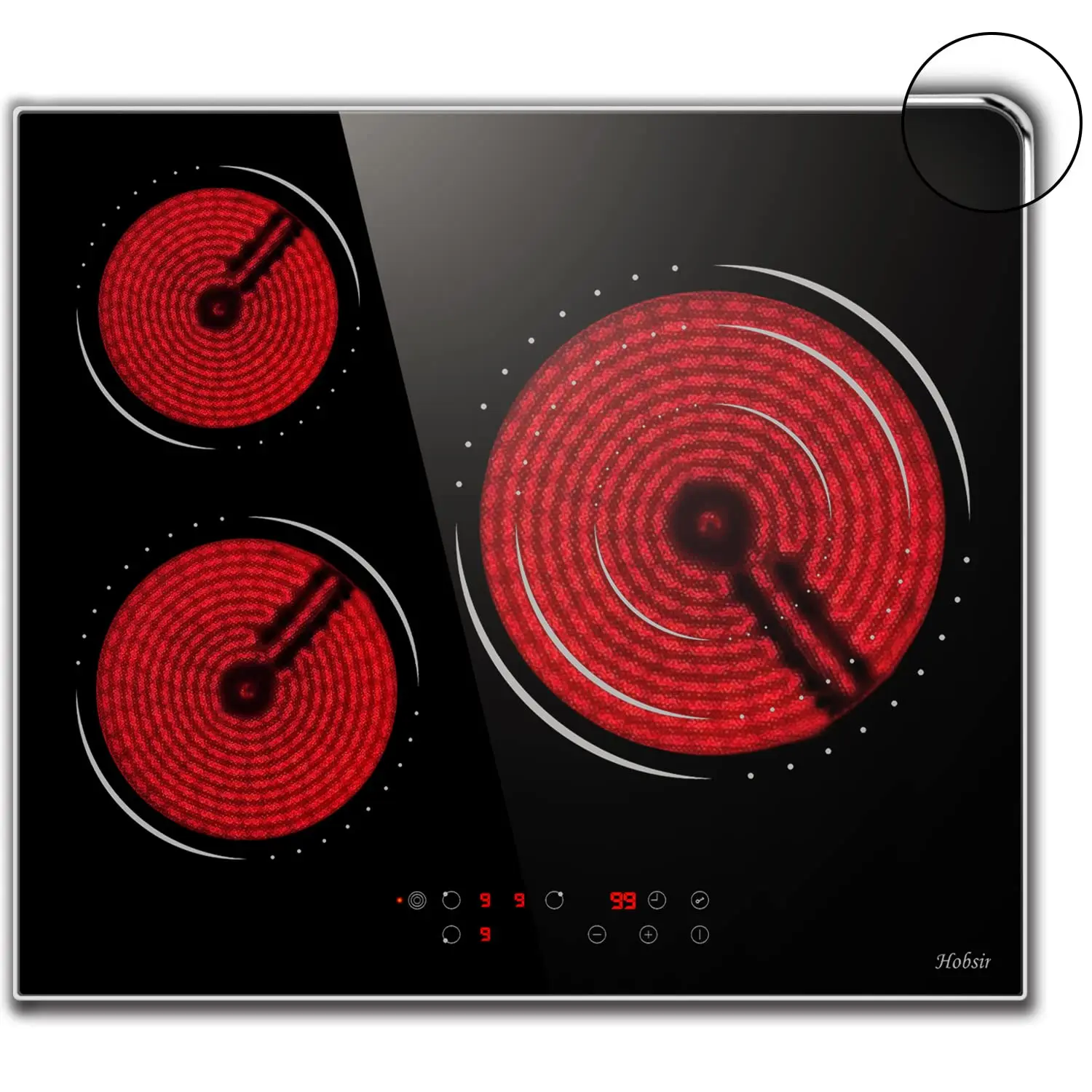 Hobsir 24 inch 3 Burners Built-in Electric Cooktop，Timer & Kid Safety Lock，Glass Protection Metal Frame，220V-240V Hard Wire