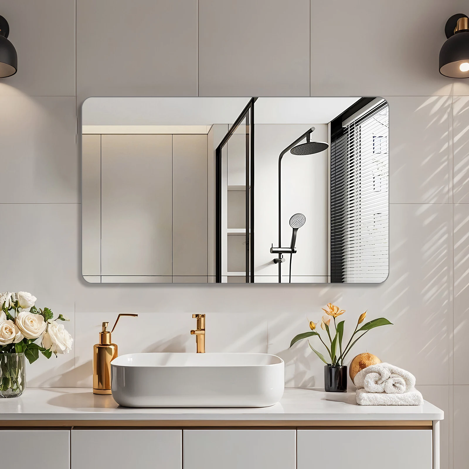 Badezimmerspiegel, Küchenspiegel, 60 x 100 cm, rechteckig, hochauflösende Spiegeloberfläche, bruchsicheres Glas, rostfrei, wasserfest, eleganter Stil, Wandmontage, geeignet für Badezimmer, Toiletten