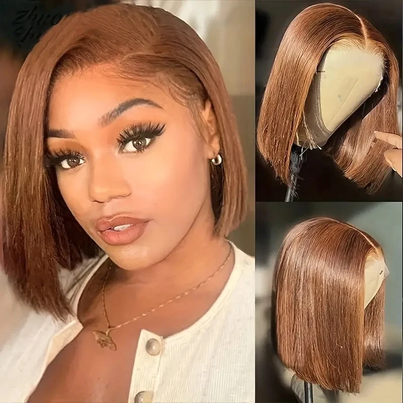 

Color #4 Chocolate Brown 180% Bob Wigs Straight 13x4 HD Lace Frontal Wig Free Part 8-16 Inches Human Hair Pre-plucked For Woman