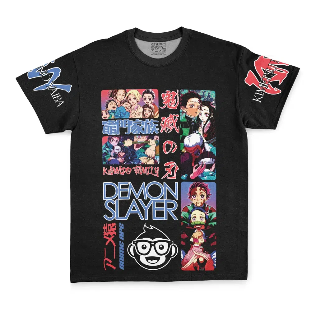 Herren Demon Slayer Kamado Family T-Shirt mit passendem Grafikdruck vorne und hinten, Tanjiro Nezuko Anime Otaku Streetwear Kurzarm Casual – Detail 3
