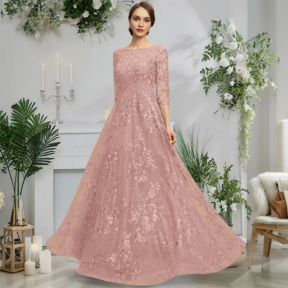 GDH Mother Of The Bride Dress Elegant Evening Dress Navy Blue A-Line Floor-Length Lace Scoop 3/4 Sleeve Cocktail Party Wedding