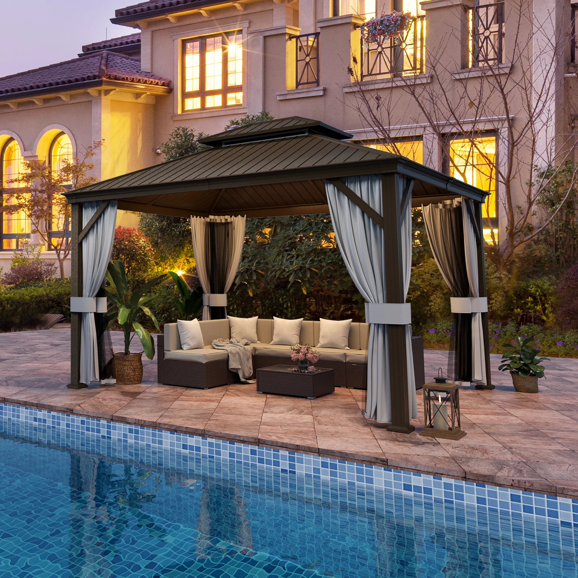 10'x12' Hardtop Gazebo Aluminum, Double Roof Canopy with Netting and Curtains,2-Tier Hardtop Gazebo with Galvanized Iron Aluminu