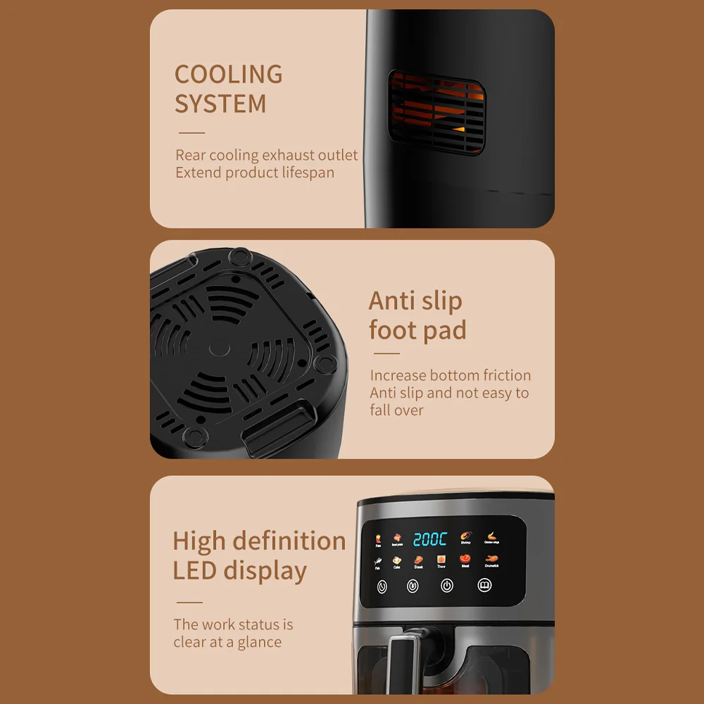 مقلاة هوائية مرئية سعة 8 لتر، تحكم رقمي، متعددة الوظائف، صحية خالية من الزيت، طبخ 360 درجة °   أدوات المطبخ لفرن القلي بالهواء الساخن