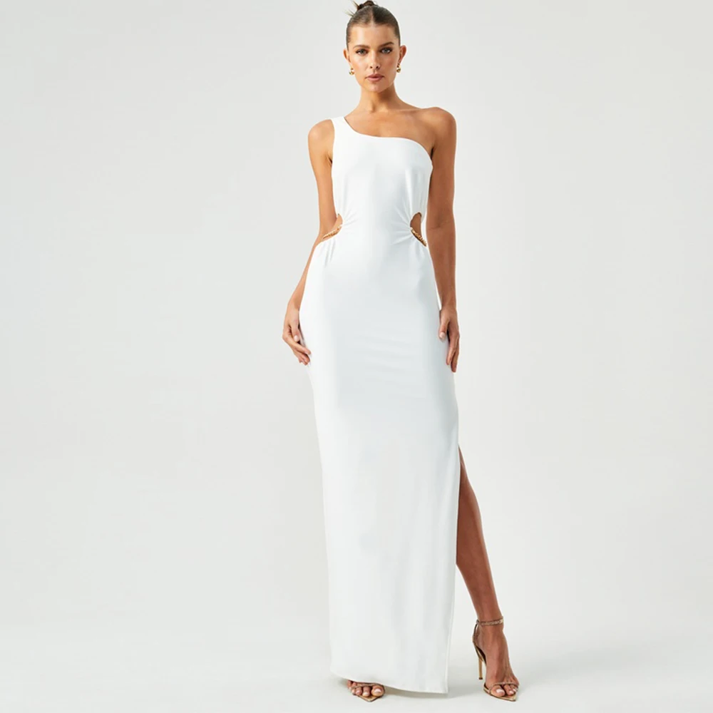 

Sexy Wedding Dress White Satin Side Fork Engagement Straight One-shoulder Midi Dresses 2024 Bespoke Occasion Gown