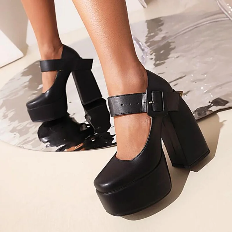 Square Toe Buckle Strap Chunky Heels Pumps Orange Matte Leather Mary Janes Square Heels Shoes 14CM Platform Dress Shoes