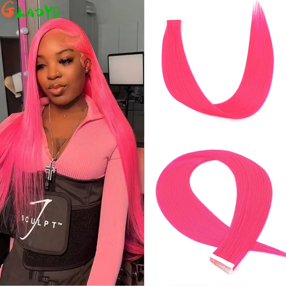 

26 Inch Pink Color Straight Tape In Hair Extensions 50g/pack High Temperature Fiber Double Sided Adhesive Tape Hair For Women