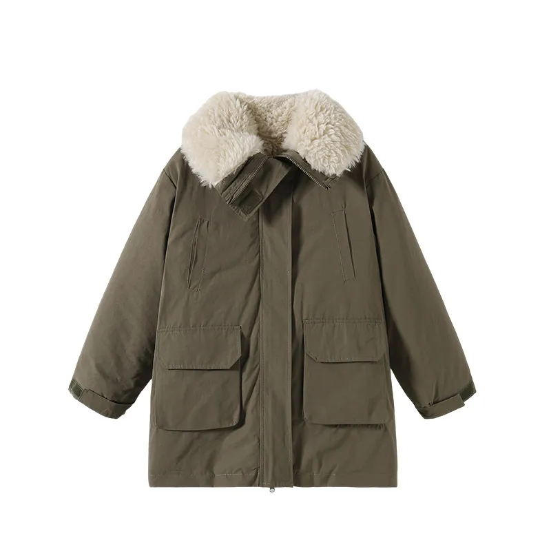 معطف سترة باللون الأخضر العسكري للفتيات مع بطانة وياقة من الفرو الصناعي، ملابس خارجية شتوية دافئة مع جيوب، سترة عصرية للفتيات #1