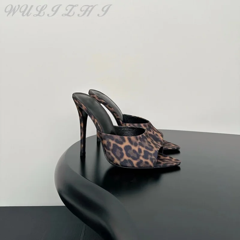 

Stylish Pointed Toe Leopard Print Sandals Lady Concise Stiletto High Heel Sheepskin Strap Slippers Women's Open Toe Pumps