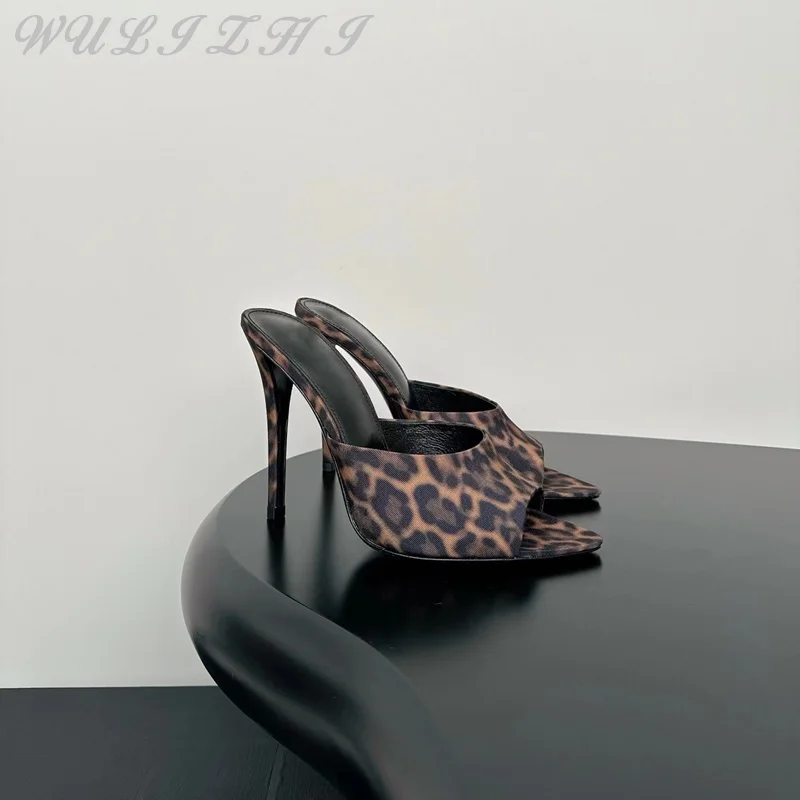 Stylish Pointed Toe Leopard Print Sandals Lady Concise Stiletto High Heel Sheepskin Strap Slippers Women's Open Toe Pumps