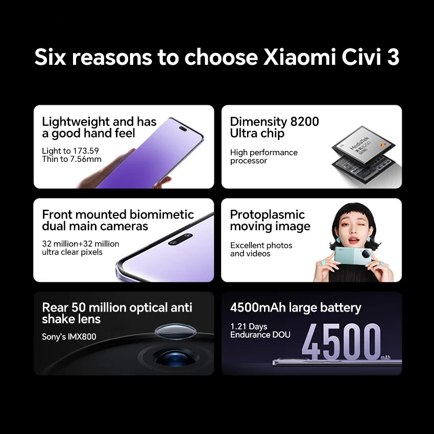 بطارية Xiaomi Civi 3 Dimensity 8200-Ultra 6.55 بوصة 4500 مللي أمبير في الساعة تدعم NFC يدعم الإصدار AMOLED الإصدار الآسيوي