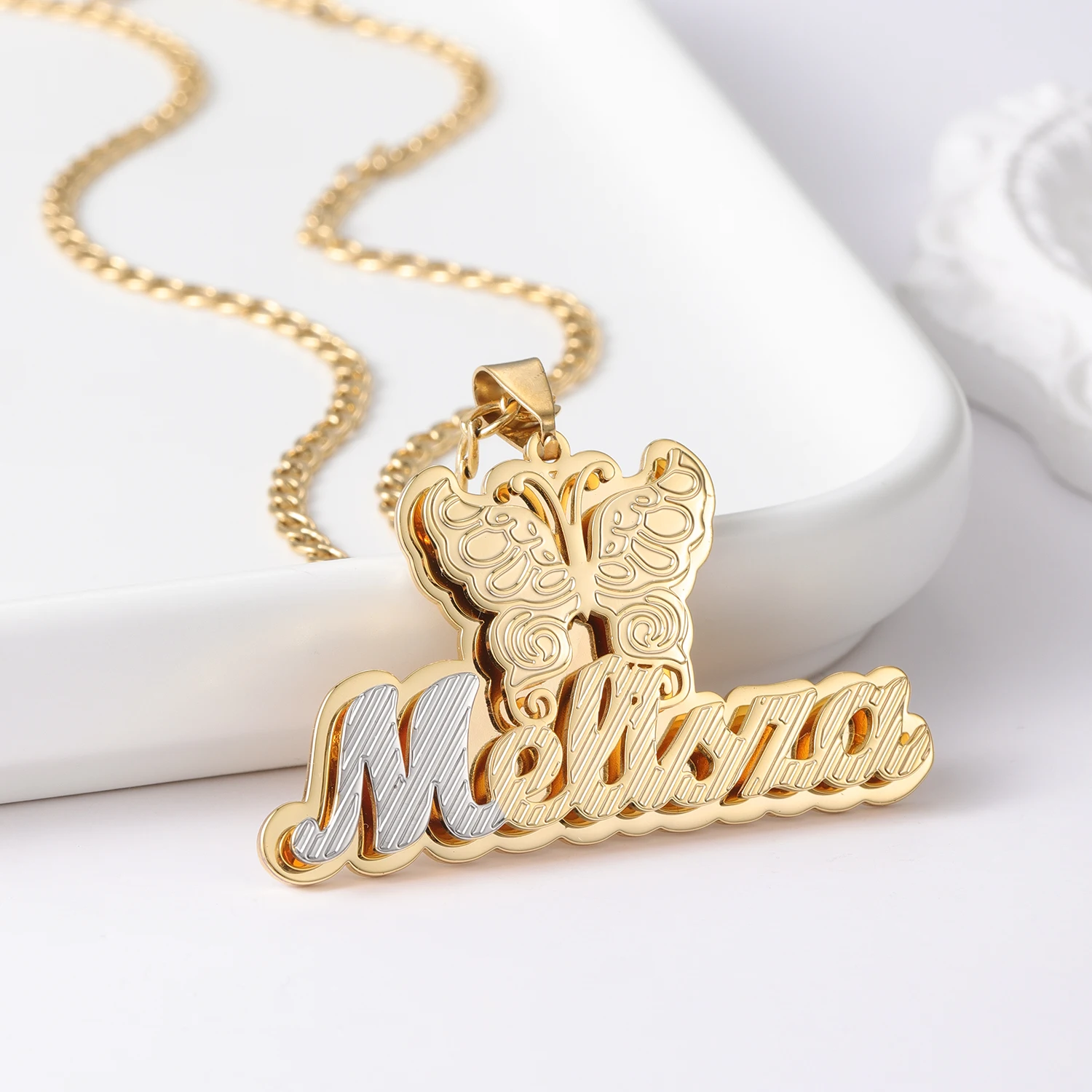 

Custom Double Plated Butterfly Name Necklace Stainless Steel Jewelry Personalized Two Color Name Necklace Unique Gift for Girls