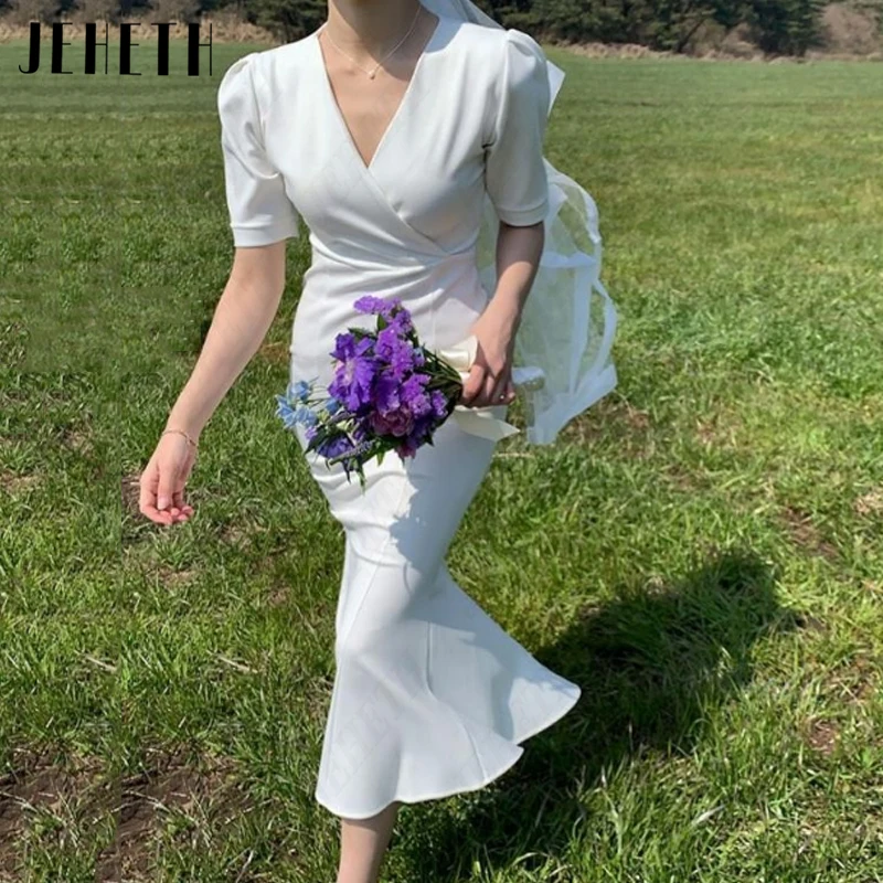 Guitar Hcondamned-Robes de mariée coréennes à col en V et manches courtes pour femmes, satin simple, patients de sirène, tout ce qui est élégant, dos nu Col en V manches courtes Corée du Sud femmes robe de mariée satin