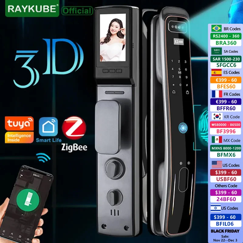 RAYKUBE DF8 3D Face Recognition Tuya ZigBee Biometric Smart Door Lock Security Face&Camera Fingerprint Lock With IC Card Spyhole