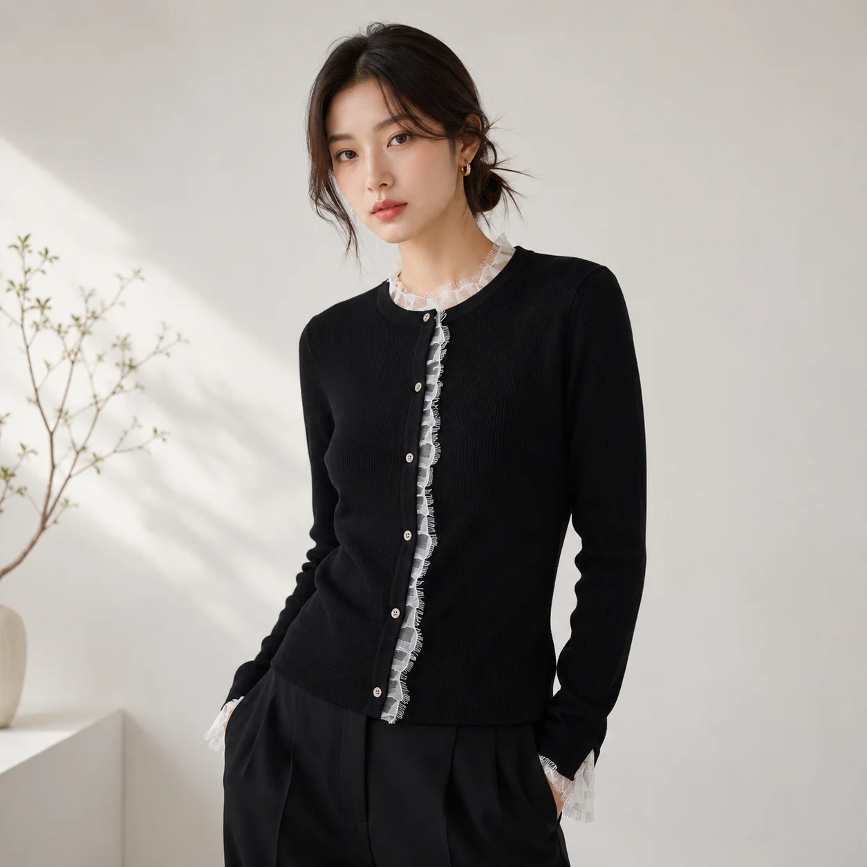 

2026 Spring/Summer New Style Woolen Lace Round-neck Versatile Long-Sleeved Knitted Cardigan for Tight-Fitting Underwear