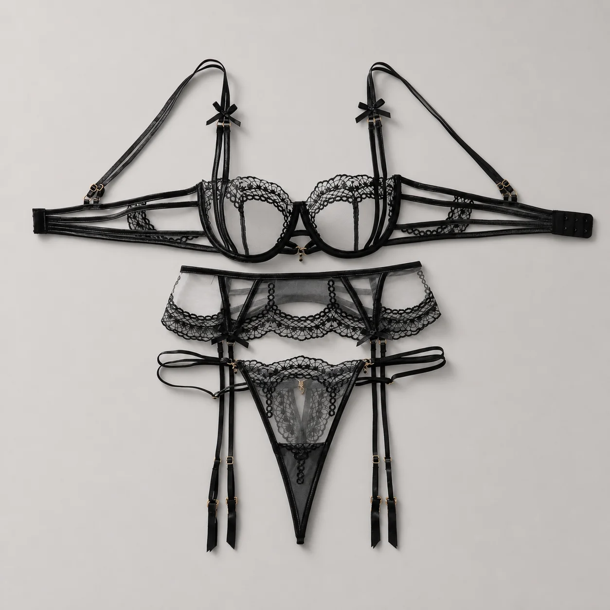 Ensemble de lingerie 2 pièces en maille transparente sculptante avec nœud décoratif et broderie bleue – Sous-vêtements sexy pour femme