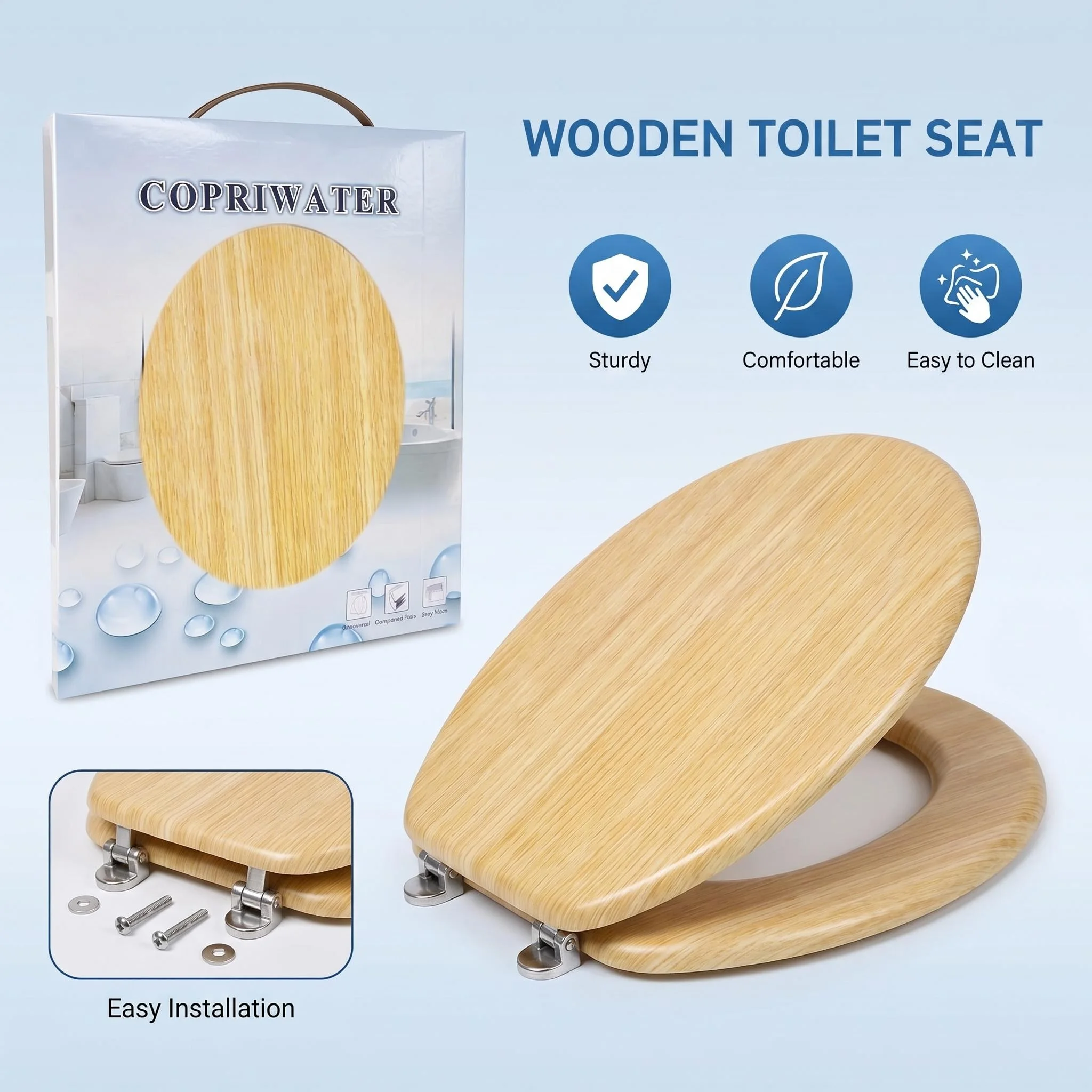 Heldere MDF universele toiletbril met houten effect, toiletbril van roestvrij staal met ritsen, antibacterieel, waterdicht, gemakkelijk schoon te maken, ergonomisch ontwerp