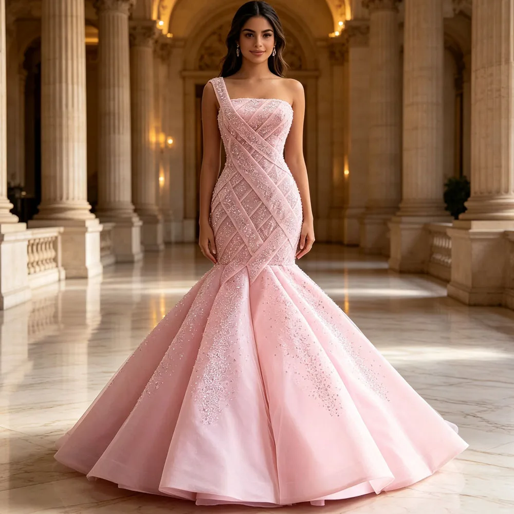 2026 One Shoulder Evening Dress Pink Sleeveless Lace Up Back Beaded Mermaid Prom Wedding Guest Dress