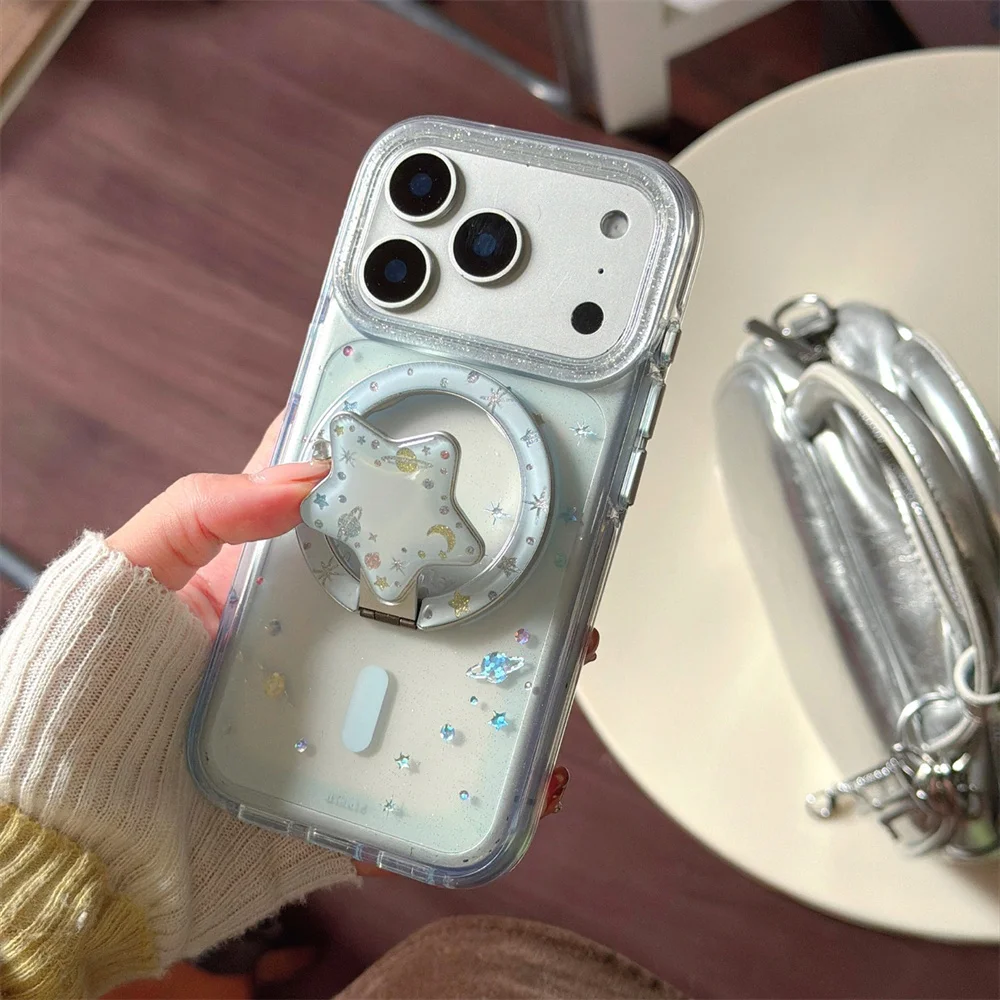 وسادة هوائية بحافة مستديرة مذهبة مغناطيسية جديدة ملونة على شكل كوكب مع دعامة مغناطيسية، مناسبة لهاتف iPhone 17/13/14/15/16 Pro Max Anti #6