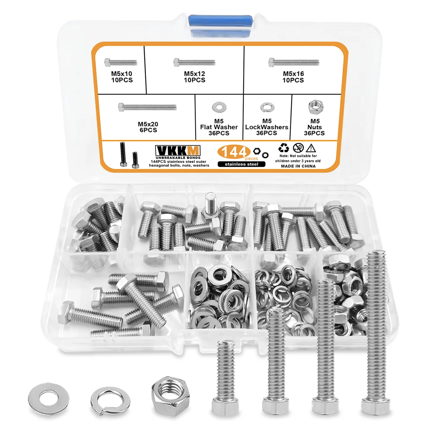 VKKM 144PCS M5 Hex Bolt Nuts Washers Assortment Kit, 304 Stainless Steel M5×6/10/12/16/20mm Screws with Flat Lock Washers, Hardware Fastener Set for Metal Equipment Furniture Motorcycle DIY Repair