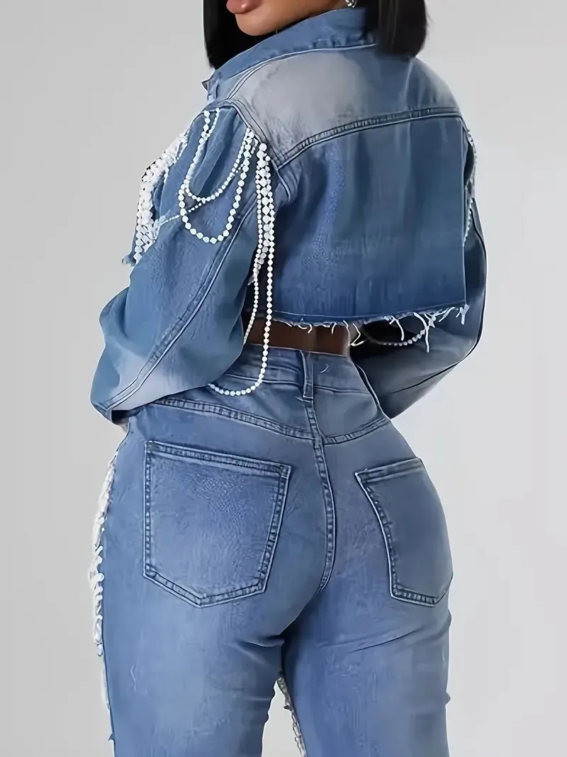 【HME】Ptorlio デニムジャケット レディース クロップドパール ブルー ジージャンジャケット トレンディショートコート クラブウェア ティーザー クロップドデニムジャケット