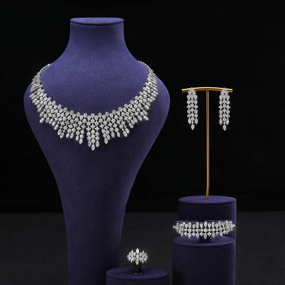 

Four-piece Dubai cubic zirconia tassel pendant large chunky wedding bridal necklace luxury jewelry set for bridal party
