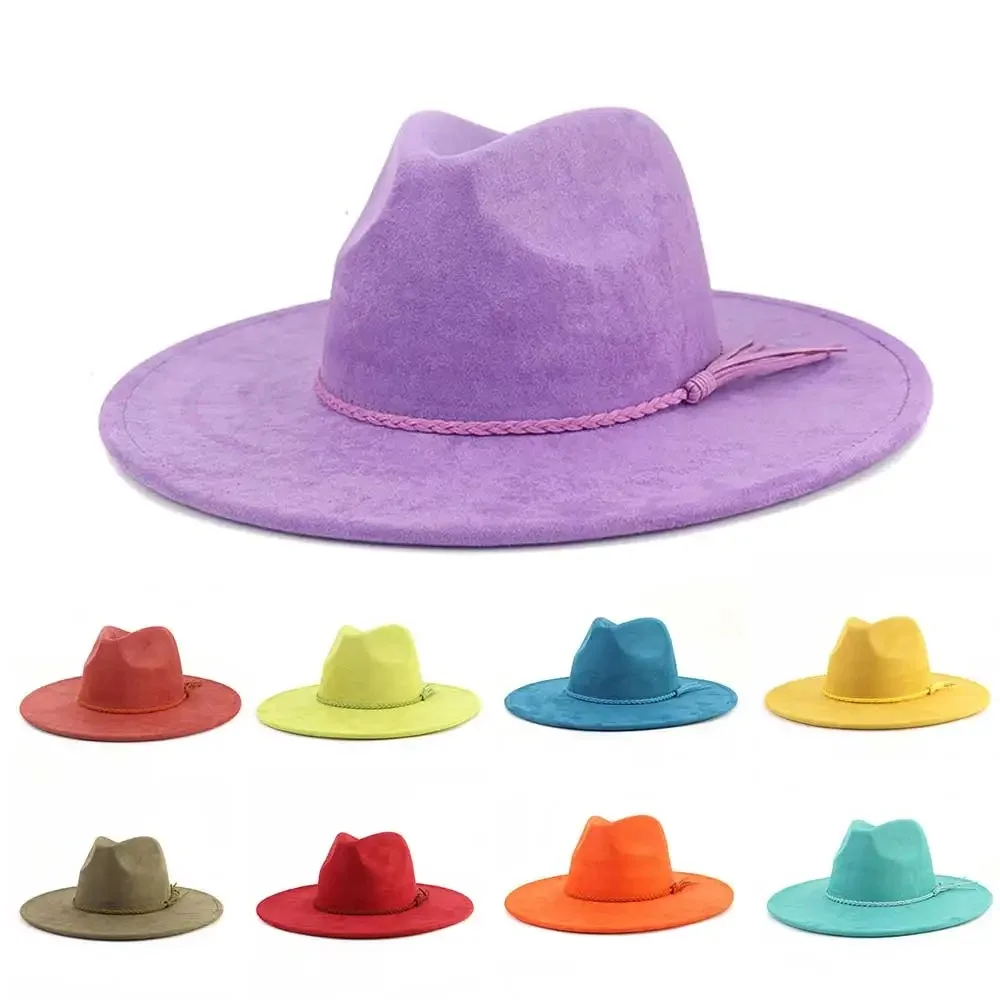 Chapeau Fedora en daim végétalien en forme de larme, chapeau Fedora à large bord de 9.5cm pour hommes et femmes, chapeau de Jazz en feutre d'automne et d'hiver, chapeau d'église classique