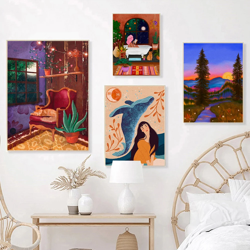 Humpback Girl Art Print Moroccan Window Cat Nap Abstract Landscape Canvas Painting Poster Nordic Woman In Tub Picture Wall Decor