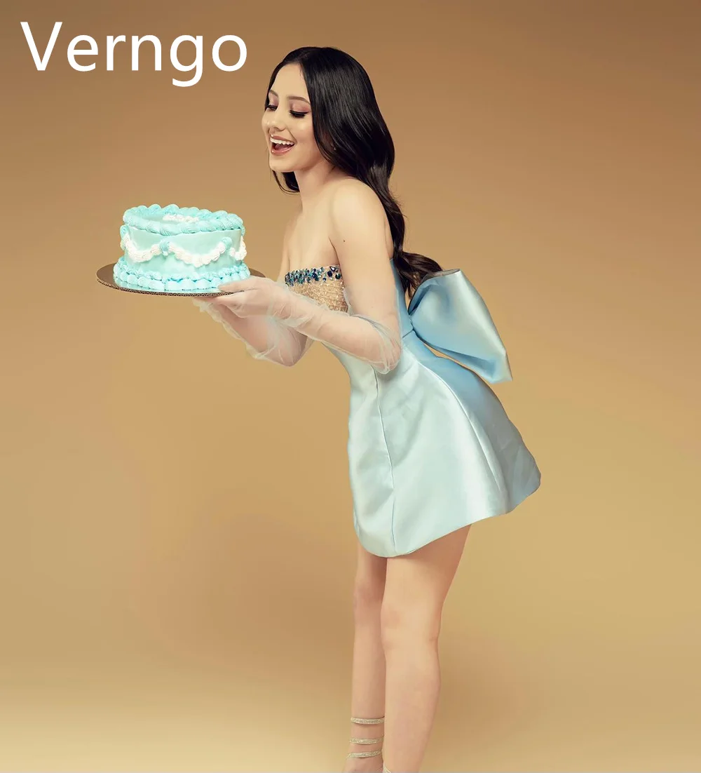 Verngo Blue Satin Mini Party Dress Girl Sequined Prom Gown A Line Bow Cocktail Dress Short Birthday Party Gown Customized