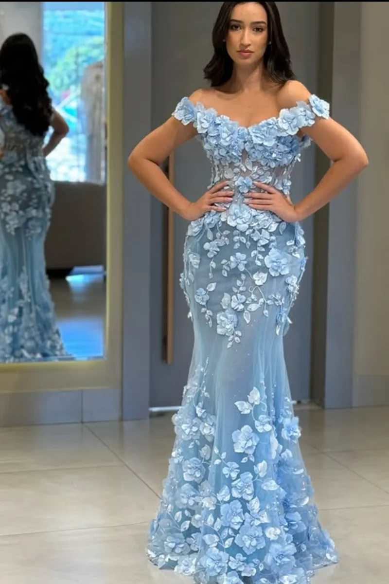 เจสสิก้าSky Blueชุดราตรี3Dดอกไม้Tulleชุดราตรีเซ็กซี่Mermaid Elegant Ladyชุดแต่งงานที่กําหนดเอง