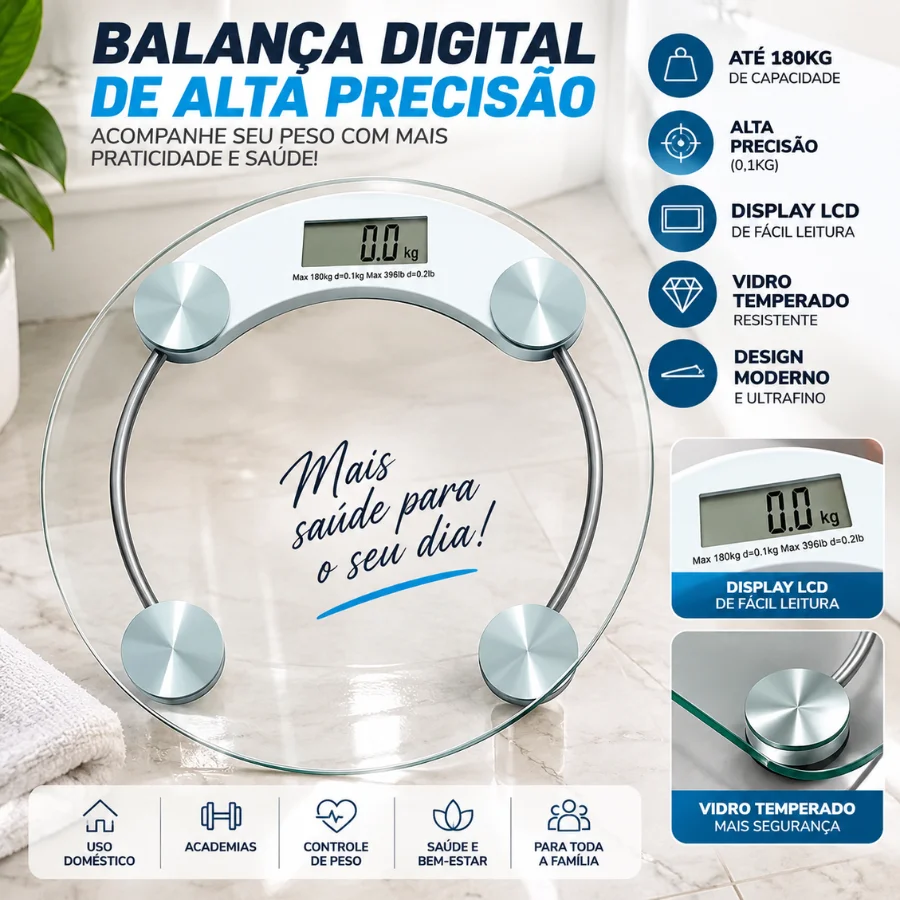Balança Digital Banheiro Vidro Temperado 180kg Redonda