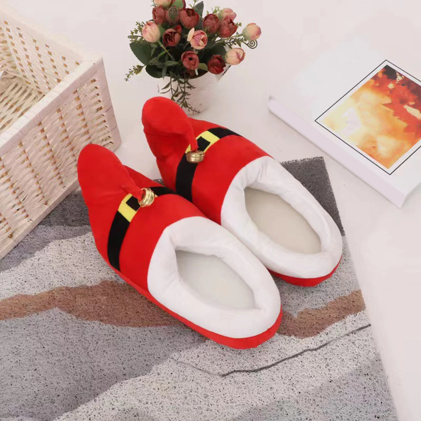 크리스마스 테마 슬리퍼 부드러운 빨간색 녹색 줄무늬 실내용 신발 재미있는 축제 크리스마스 기념품 파티 선물 가족 친구용