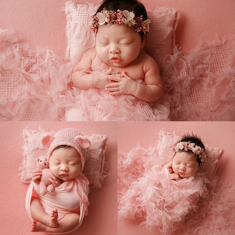 Accesorios de fotografía de bebé niña rosa, accesorios de fotografía de bebé, envoltura de gasa, almohada de encaje, lindo sombrero de oreja de oso,