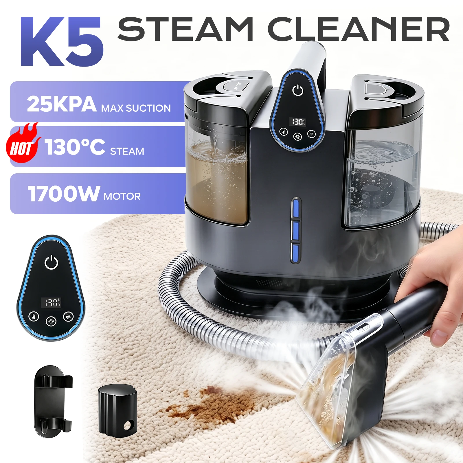K5 1700W 25kPa Nettoyeur Vapeur pour Tapis, 5 Niveaux de Température 3 Modes d'Aspiration Appareil Portatif de Pulvérisation, Grands Réservoirs Écran Tactile LED pour Canapé, Matelas et Taches d'Animaux
