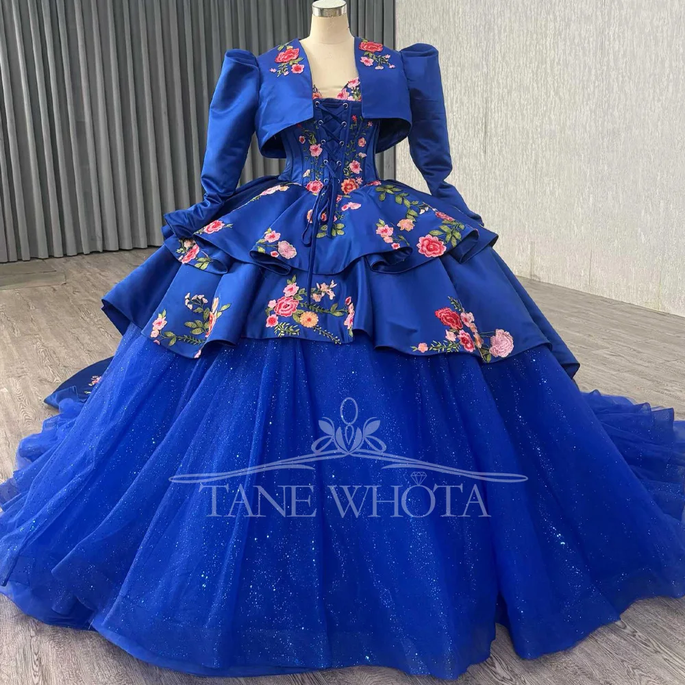 

Синее милое кружевное бальное платье с цветочным принтом и открытыми плечами на шнуровке сзади, платье Quinceanera с жакетом Vestido De 15, Quinceaneras