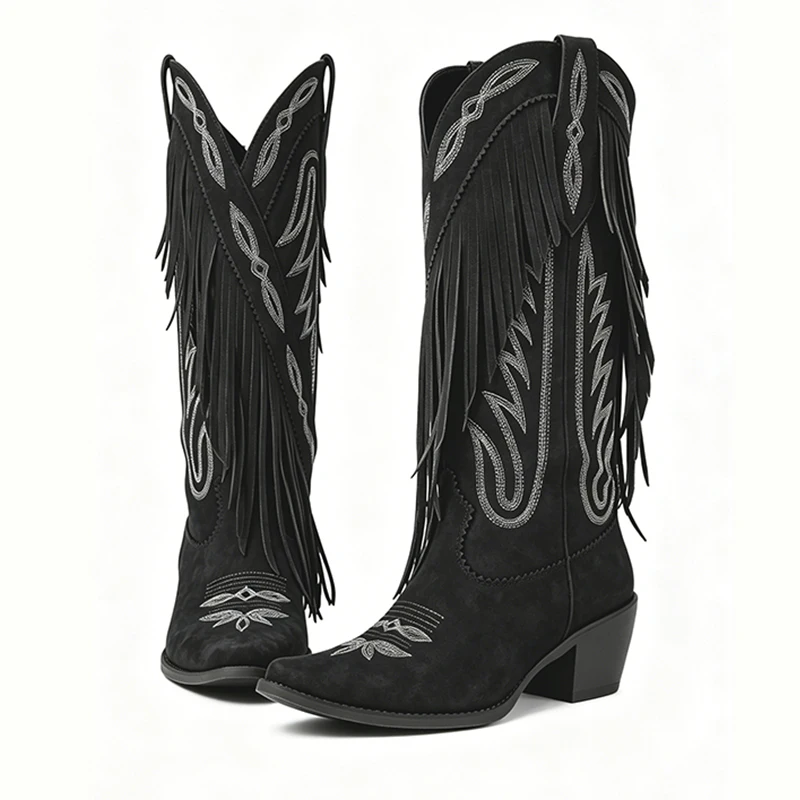 Vintage Tassel Cowboy Boots For Women Embroidered Pointed Toe Chunky Heel Mid Calf Boots Music Festival Western Boots